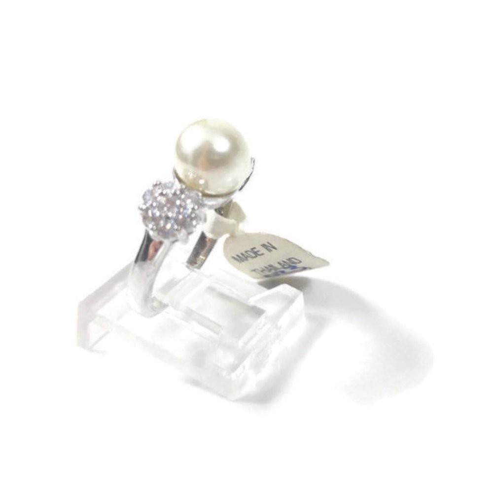 Pearl  CZ Ring Silver Plated Solitaire CZ Cluster - Picture 3 of 8